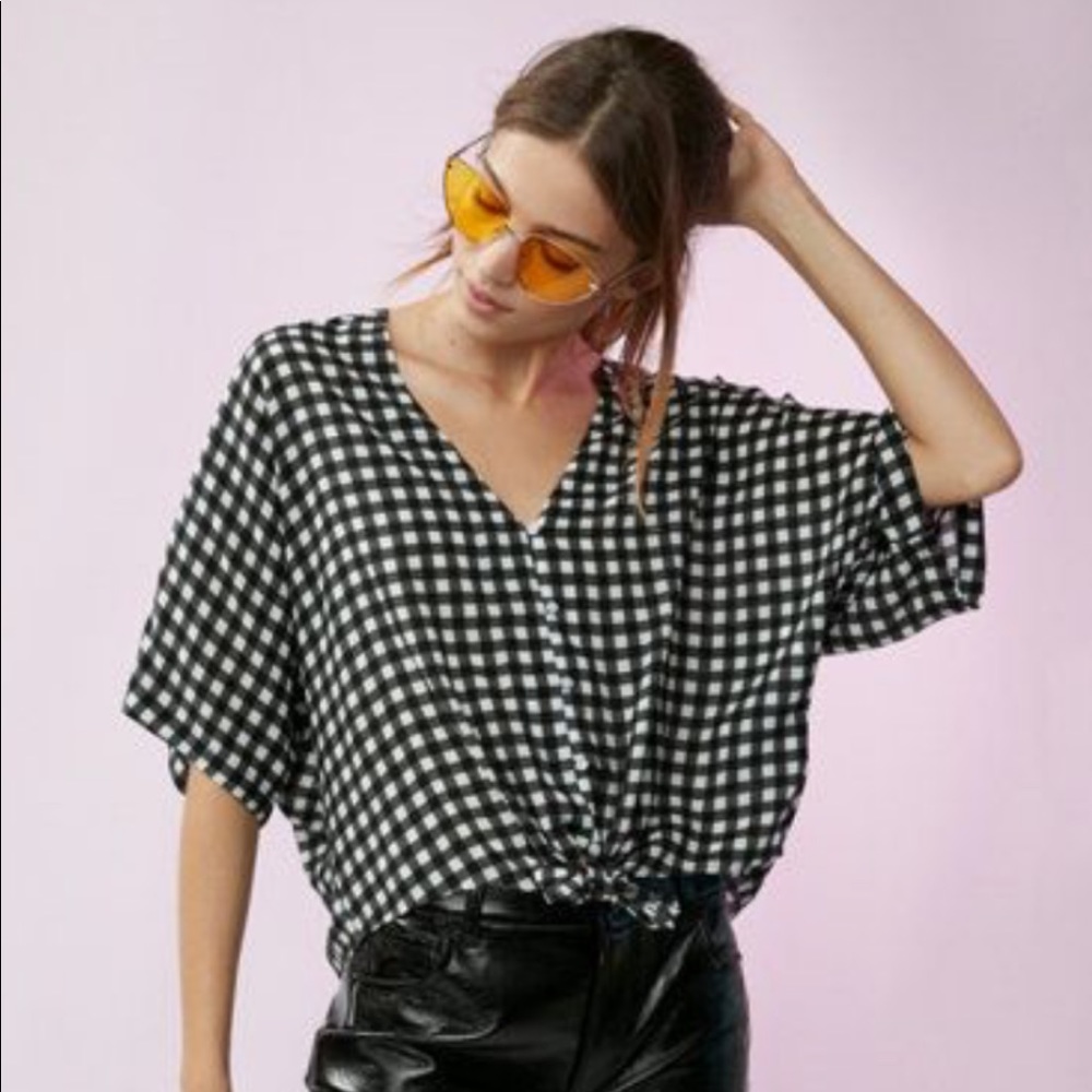 Express black and white gingham tie front top